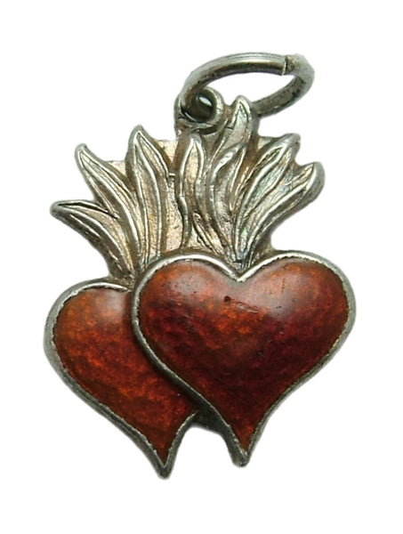 Vintage 1950's Silver & Orange Enamel Sacred Hearts Charm Enamel Charm - Sandy's Vintage Charms