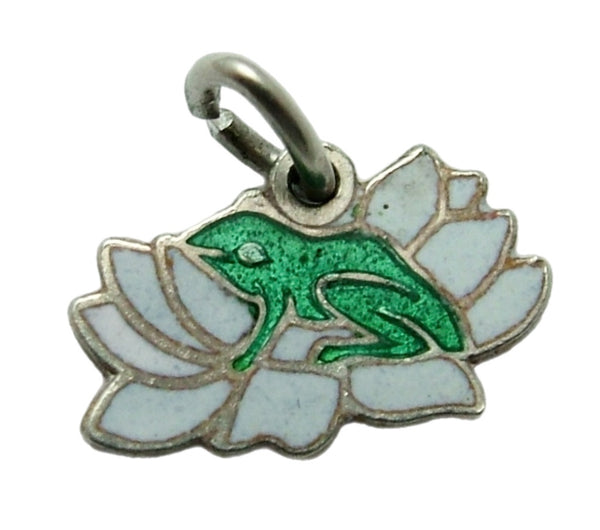 Small Vintage 1950's Silver & Green Enamel Frog on a Water Lily Charm Enamel Charm - Sandy's Vintage Charms