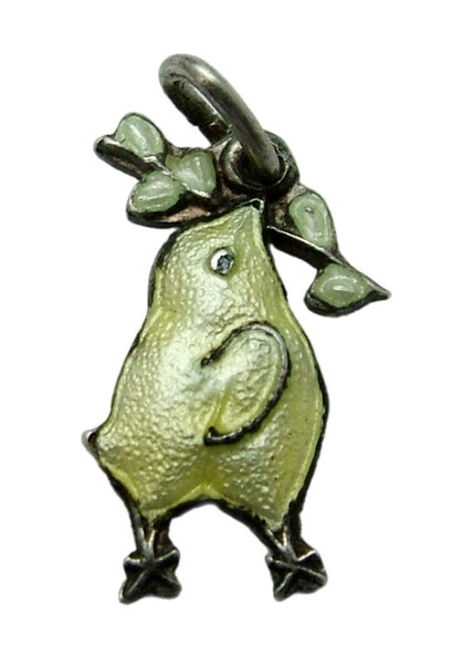 Small Vintage 1950's Silver & Yellow Enamel Chick Charm with Leaf Branch Enamel Charm - Sandy's Vintage Charms