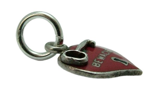 Small Vintage 1950's Silver & Red Enamel Heart with Key Charm “Guarded” Enamel Charm - Sandy's Vintage Charms