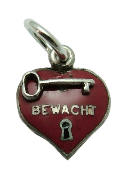 Small Vintage 1950's Silver & Red Enamel Heart with Key Charm “Guarded” Enamel Charm - Sandy's Vintage Charms