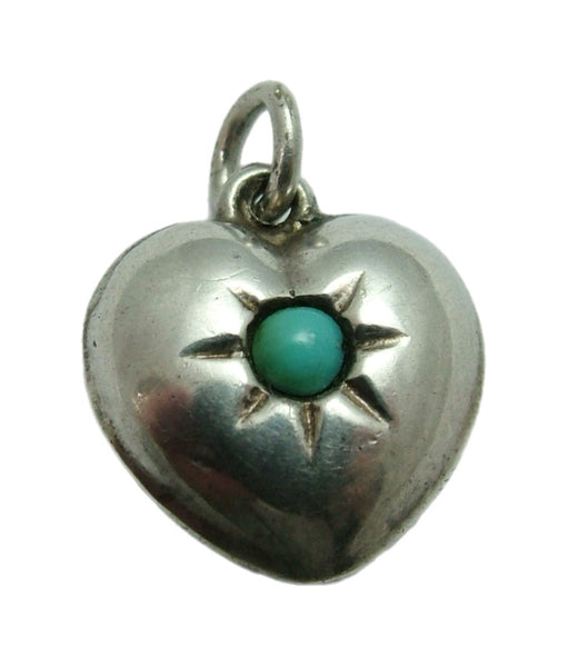 Vintage 1960's Hollow Silver & Turquoise Glass Puffy Heart Charm Silver Charm - Sandy's Vintage Charms