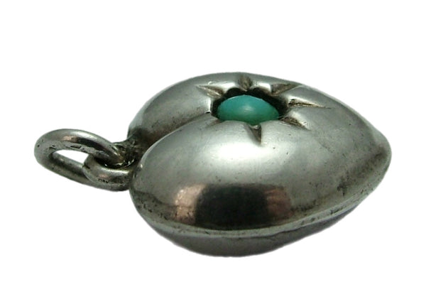 Vintage 1960's Hollow Silver & Turquoise Glass Puffy Heart Charm Silver Charm - Sandy's Vintage Charms