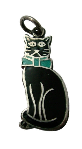 Large Vintage 1930's Silver & Enamel Lucky Black Cat Charm with Blue Bow Tie Enamel Charm - Sandy's Vintage Charms