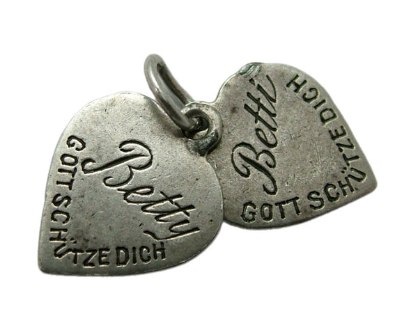 Pair of Small Vintage 1940's Silver Heart Charms “Christmas 1944” & “Betty” 1920s-1950s Charm - Sandy's Vintage Charms