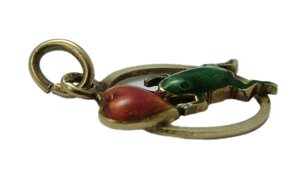 Vintage 1950's 14k 14ct Gold & Enamel Frog with Heart Charm