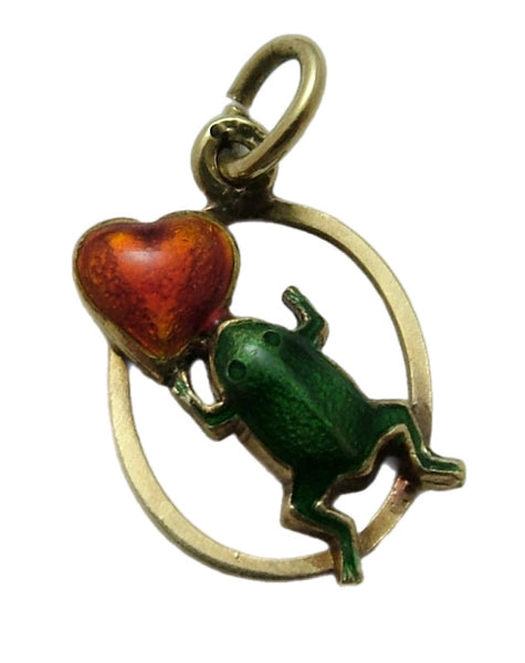 Vintage 1950's 14k 14ct Gold & Enamel Frog with Heart Charm