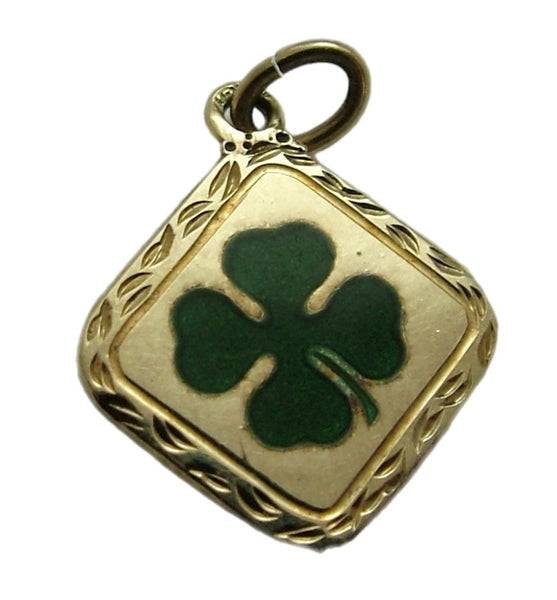 Small Vintage 1930’s Hollow 14ct 14k Gold & Green Enamel Lucky Four Leaf Clover Charm