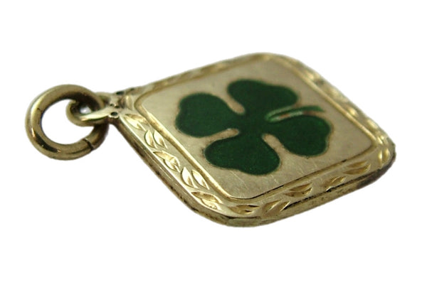 Small Vintage 1930’s Hollow 14ct 14k Gold & Green Enamel Lucky Four Leaf Clover Charm