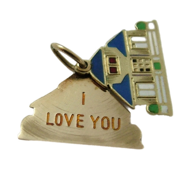 Vintage 1930’s 14ct 14k Gold & Enamel House Slider Charm “I LOVE YOU” Inside Gold Charm - Sandy's Vintage Charms