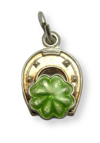 Small Vintage 1950's Silver & Green Enamel Four Leaf Clover In a Horseshoe Charm Enamel Charm - Sandy's Vintage Charms