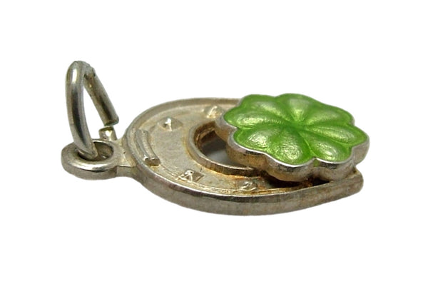 Small Vintage 1950's Silver & Green Enamel Four Leaf Clover In a Horseshoe Charm Enamel Charm - Sandy's Vintage Charms
