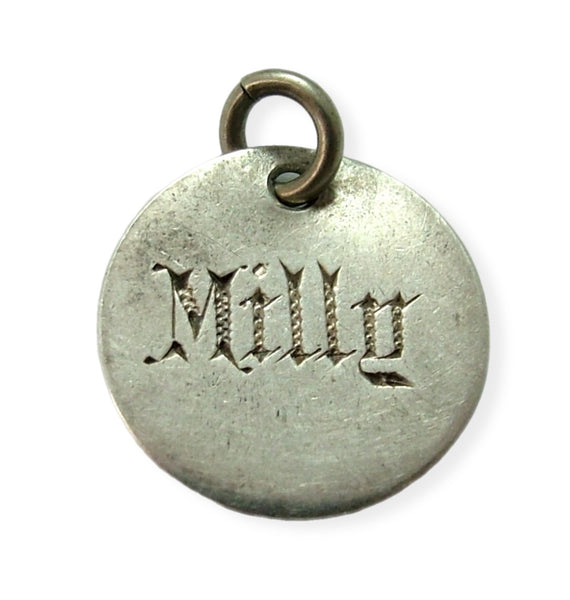 Antique Victorian Silver Engraved Love Token Coin Charm "Milly" Love Token - Sandy's Vintage Charms