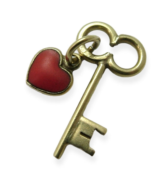 Vintage 1950's 14ct 14k Gold Key & Red Enamel Heart Charm “Key to my Heart” Gold Charm - Sandy's Vintage Charms