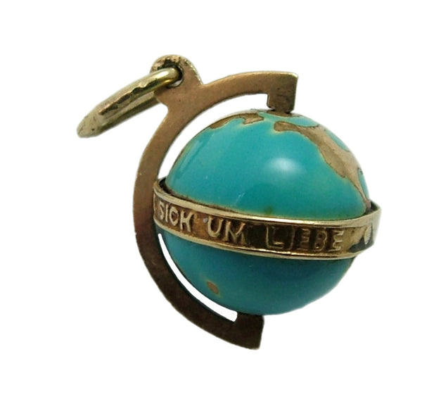 Vintage 1930's 14k 14ct Gold & Blue Enamel Rotating Globe Charm “The Whole World Revolves Around Love” Gold Charm - Sandy's Vintage Charms