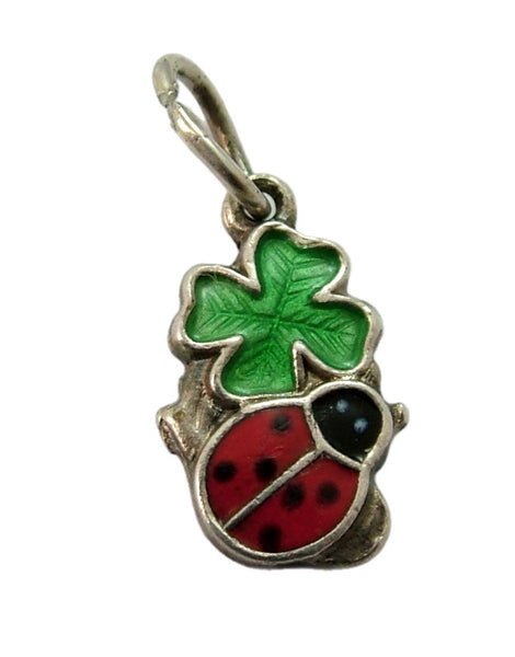 Small Vintage 1950's Silver & Green Enamel Four Leaf Clover and Ladybird Charm Enamel Charm - Sandy's Vintage Charms