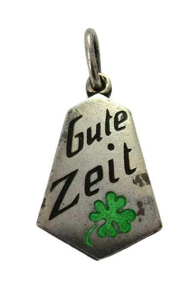 Small Vintage 1930's Silver & Green Enamel Four Leaf Clover Charm “Good Time” Enamel Charm - Sandy's Vintage Charms