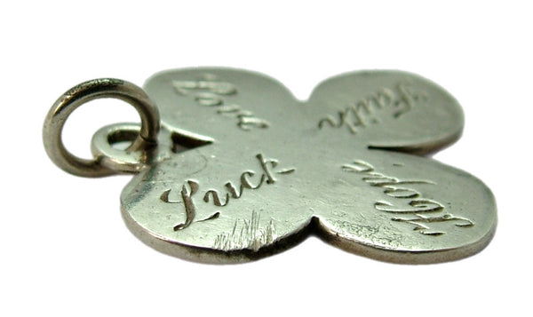 Vintage 1920's Silver Four Leaf Clover Charm Engraved “Luck, Love, Hope, Faith” Silver Charm - Sandy's Vintage Charms