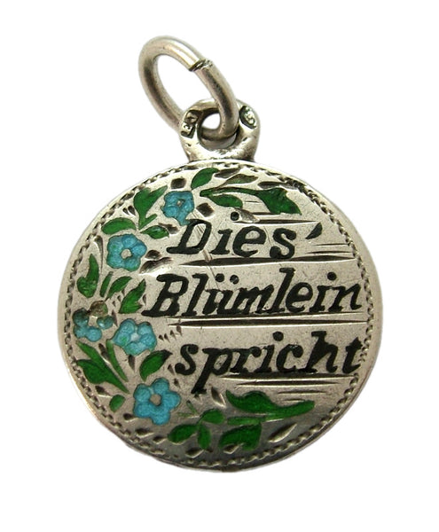 Antique c1900 Silver & Enamel "Dies Blumlein Spricht" Forget-me-not Flower Charm Antique Charm - Sandy's Vintage Charms