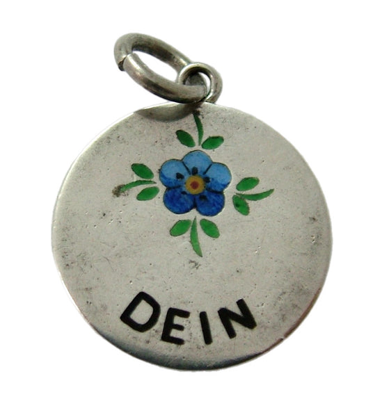 Antique c1895 Silver & Enamel Forget-me-not Flower Charm “DEIN” Antique Charm - Sandy's Vintage Charms