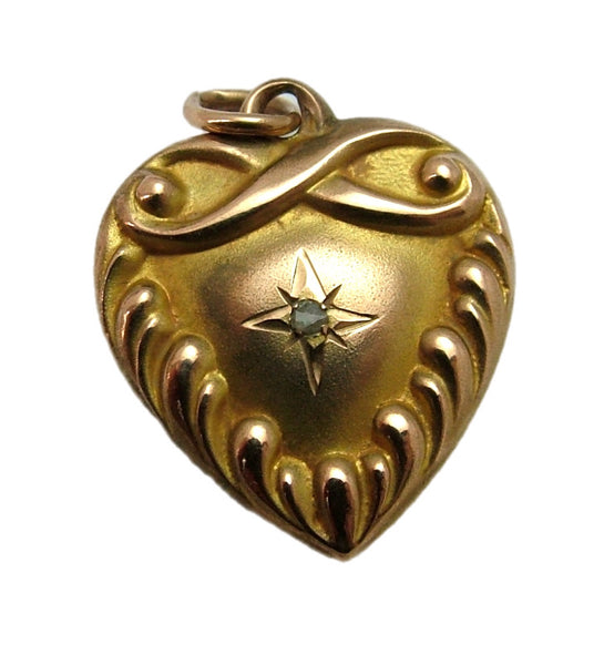 Antique Victorian c1900 American 10k Gold & Diamond Repousse Puffy Heart Charm Antique Charm - Sandy's Vintage Charms