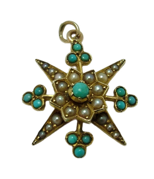 Antique Victorian c1890's 15ct Gold, Seed Pearl & Turquoise Star Charm or Pendant Antique Charm - Sandy's Vintage Charms