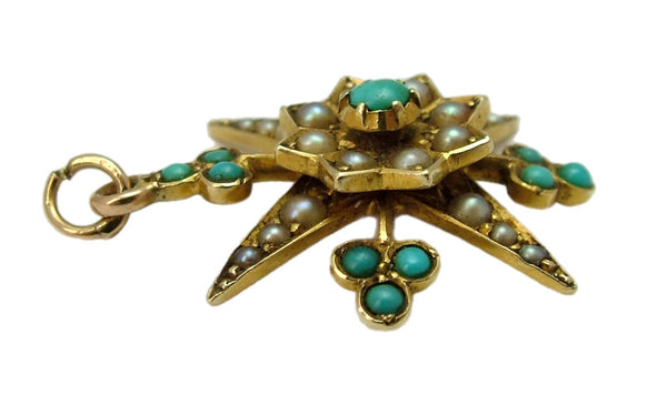 Antique Victorian c1890's 15ct Gold, Seed Pearl & Turquoise Star Charm or Pendant Antique Charm - Sandy's Vintage Charms