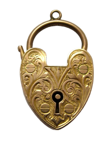 Large Antique Edwardian c1917 9ct Gold Heart Shaped Padlock Charm or Pendant with Engraved Leaf Decoration Antique Charm - Sandy's Vintage Charms