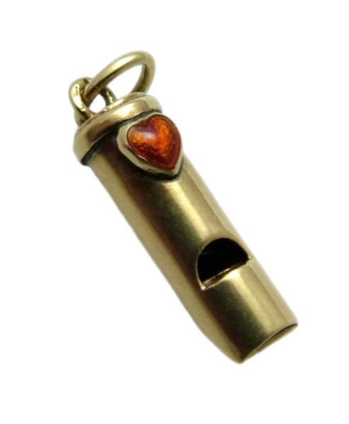 Vintage 1950's 14ct 14k Gold Working Whistle Charm with Red Enamel Heart Gold Charm - Sandy's Vintage Charms